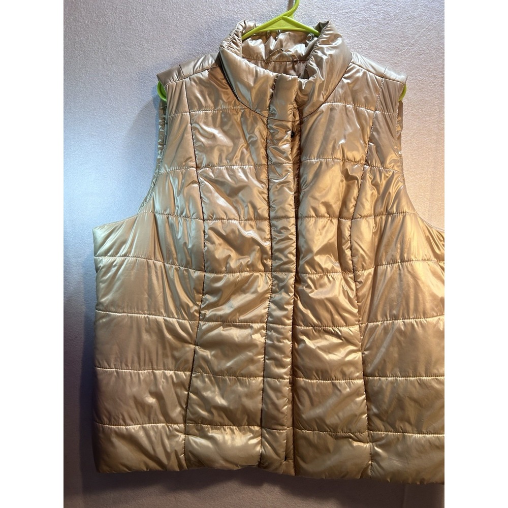 CJ Banks Women's Plus 2X Beige/Gold Quilted Puffer Vest Sleeveless Full Zip